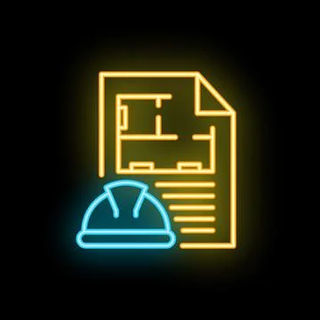Neon icon of construction plan and safety helmet for engineering project Stock Illustration