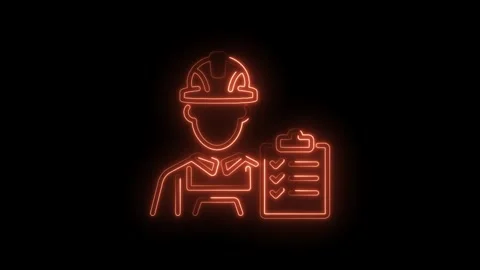 Neon icon of construction worker holding checklist for building inspection on Stock Footage 330770287