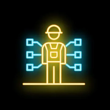 Neon icon of construction worker managing multiple tasks simultaneously Stock Illustration