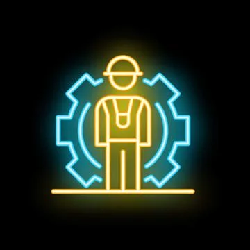 Neon icon of construction worker standing inside gear representing engineer.. イラスト素材