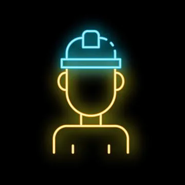 Neon icon of construction worker wearing hard hat for safety Ilustración de archivo