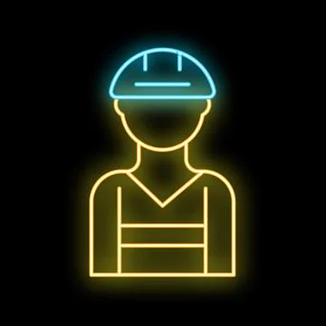 Neon icon of construction worker wearing hard hat and safety vest Ilustración de archivo