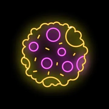 Neon icon of cookie with chocolate chips shining in the dark Stock Illustration