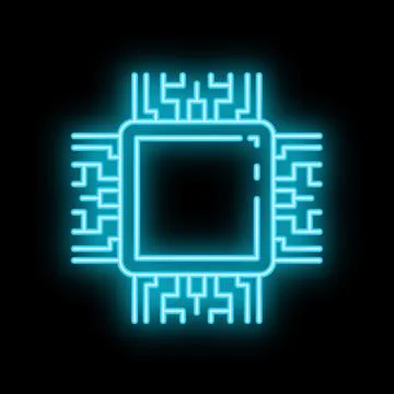 Neon icon of cpu chip glowing on black background Stock Illustration