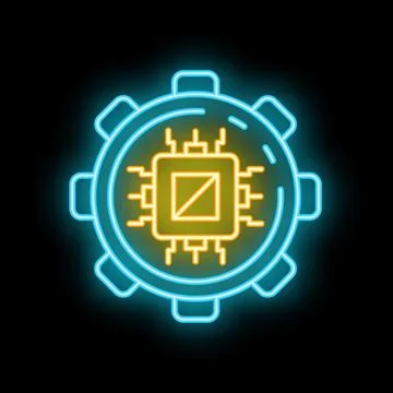 Neon icon of cpu chip inside gear wheel 库存插图