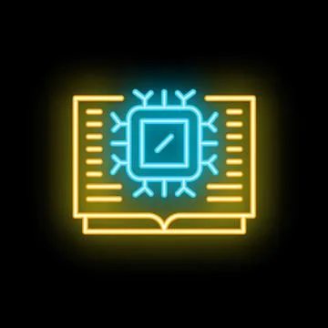 Neon icon of cpu chip over open textbook for machine learning イラスト素材
