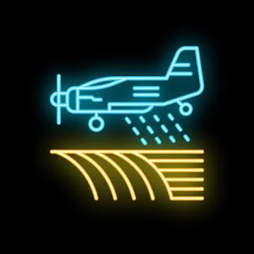 Neon icon of crop duster plane spraying chemicals over farmland Ilustração Stock