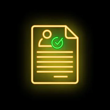Neon icon of curriculum vitae with check mark approving candidate Illustrazione stock