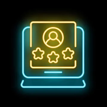 Neon icon of customer profile with five stars rating on laptop screen Stock Illustration
