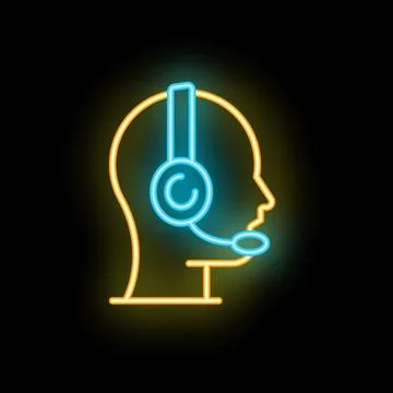 Neon icon of customer service operator wearing headset on black background Illustrazione stock
