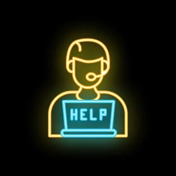 Neon icon of customer service representative holding laptop showing help me.. Ilustración de archivo