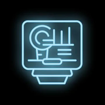 Neon icon of data analysis displaying charts and graphs on computer screen 库存插图