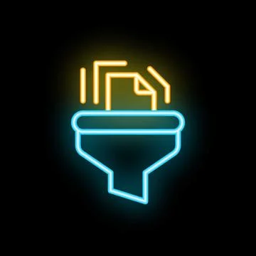 Neon icon of data being filtered through funnel Stock Illustration