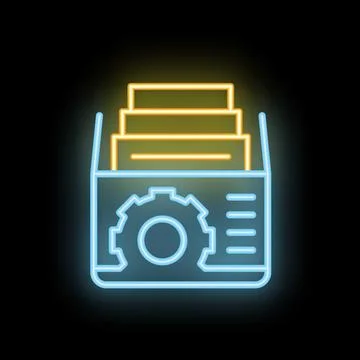 Neon icon of data processing system with files and gear symbol Stock Illustration