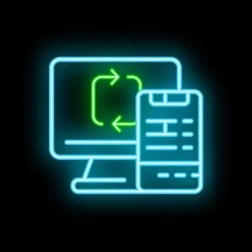 Neon icon of data transfering from computer to mobile device Stock Illustration