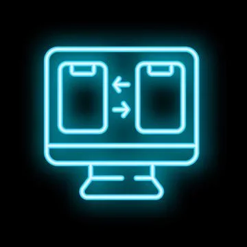 Neon icon of data transferring between two smartphones on computer screen Illustrazione stock