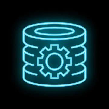 Neon icon of database processing data with gear symbol 스톡 일러스트