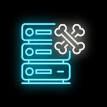 Neon icon of database server experiencing critical failure with bones showing Illustrazione stock