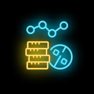 Neon icon of database server showing increasing percentage symbol for data .. Illustrazione stock