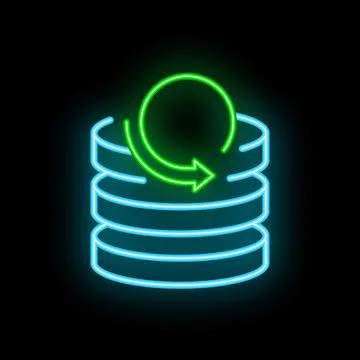 Neon icon of database updating with circular arrow showing data synchroniza.. Stock Illustration