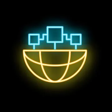 Neon icon of decentralized blockchain network covering world Stock Illustration