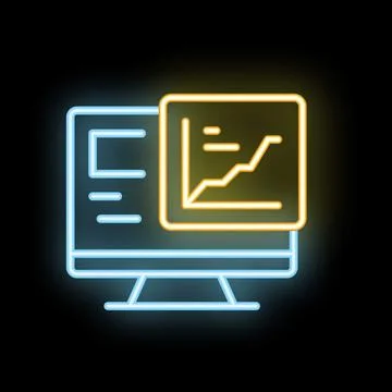 Neon icon of desktop computer displaying statistical graph Stock Illustration