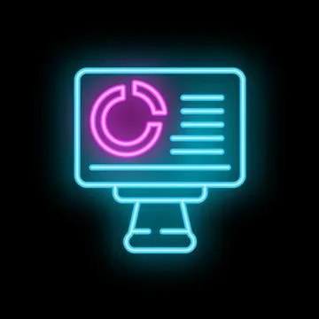 Neon icon of a desktop computer displaying charts and data analysis Stock Illustration