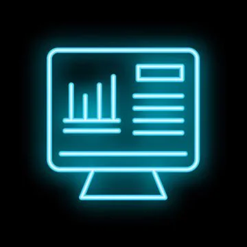 Neon icon of desktop computer displaying charts and data Stock Illustration