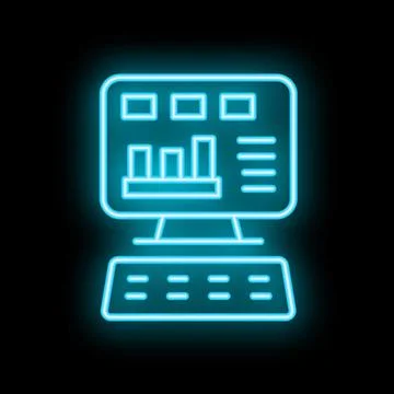 Neon icon of desktop computer displaying statistical charts and data 스톡 일러스트