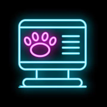Neon icon of a desktop computer displaying information about pets Stock Illustration