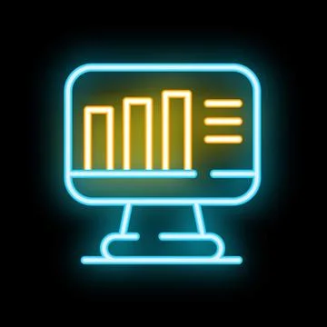 Neon icon of desktop computer showing growing bar chart on screen Stock Illustration