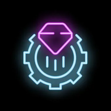Neon icon of diamond setting on gear wheel representing quality control Stock Illustration