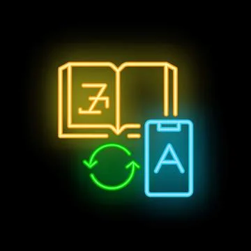 Neon icon of dictionary and smartphone exchanging foreign languages Stock Illustration