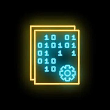 Neon icon of digital binary code processing with gear representing programmin Illustrazione stock