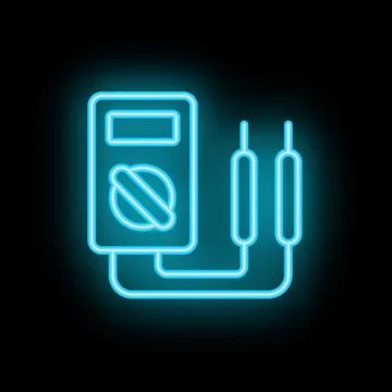 Neon icon of digital multimeter with probes showing voltage Stock Illustration