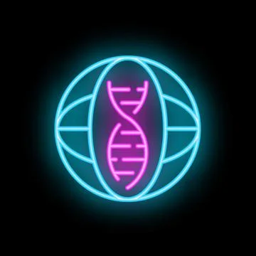 Neon icon of dna double helix inside planet earth for genetics research Illustrazione stock