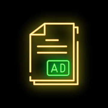 Neon icon of document with ad sign representing advertising campaign Stock Illustration