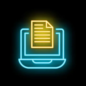 Neon icon of document appearing on laptop screen representing online conten.. Illustrazione stock