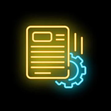 Neon icon of document being processed with gear representing workflow autom.. イラスト素材