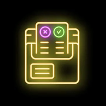 Neon icon of a document being processed showing checkmark and cross mark Illustrazione stock
