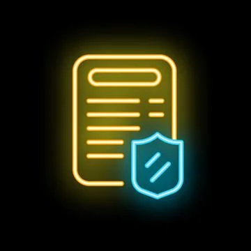 Neon icon of document being protected by a shield Stock Illustration