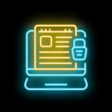 Neon icon of document being secured on laptop representing online security Ilustración de archivo