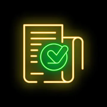 Neon icon of document with check mark approving Stock Illustration