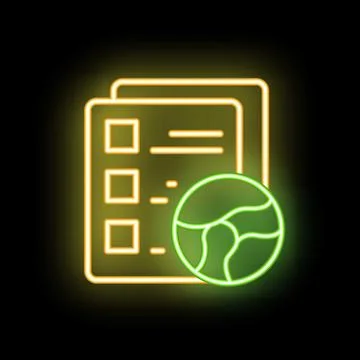 Neon icon of document with check marks representing global business strategy Illustrazione stock
