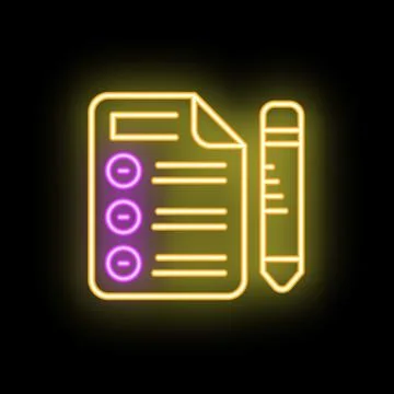 Neon icon of document with checklist and pencil representing planning and o.. Illustrazione stock