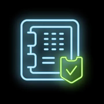 Neon icon of document with checkmark representing data security Illustrazione stock