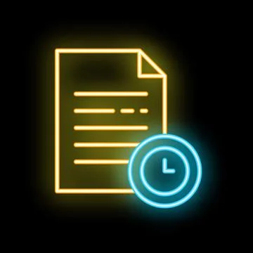 Neon icon of document with clock showing time limit Stock Illustration