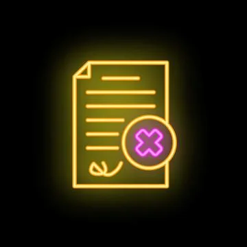 Neon icon of document with cross mark showing disapproval 스톡 일러스트