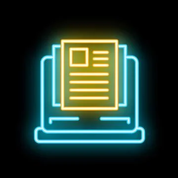 Neon icon of document displaying on laptop screen representing online content Stock Illustration