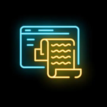 Neon icon of document exiting computer screen representing online content c.. Illustrazione stock